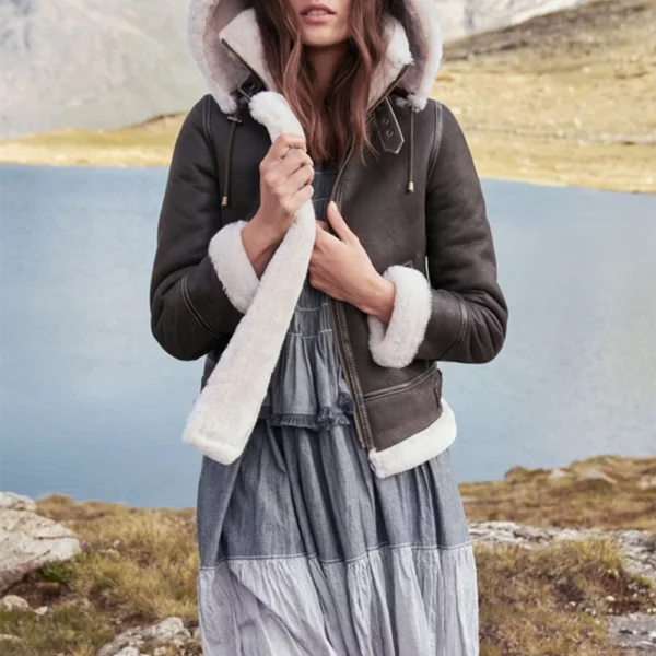 Women’s Dark Brown Leather Shearling Coat Aviator Jacket - Image 6