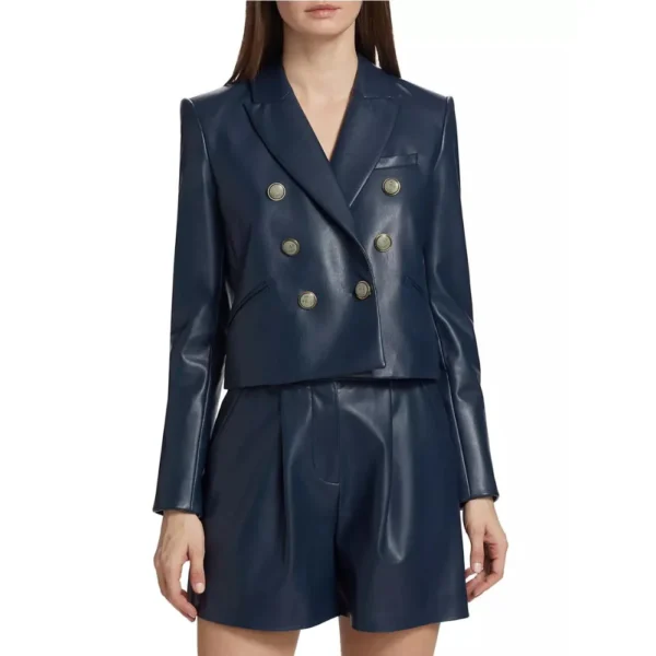 Ellen Double Breasted Blue Leather Blazer - Image 2