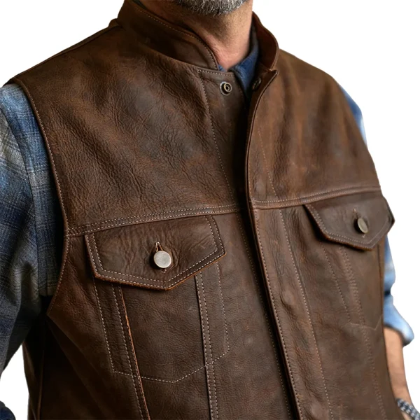 Men’s Western Leather Brown Vest - Image 12
