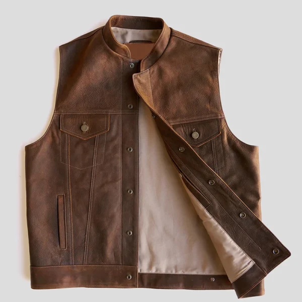 Men’s Western Leather Brown Vest - Image 7