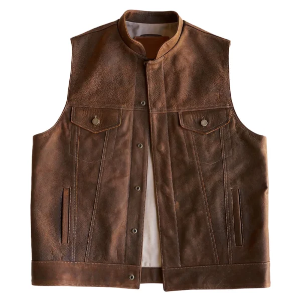 Men’s Western Leather Brown Vest - Image 2
