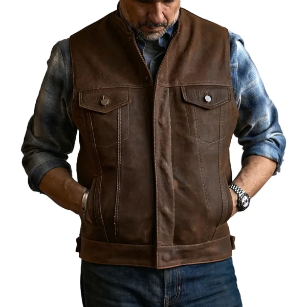 Men’s Western Leather Brown Vest - Image 9
