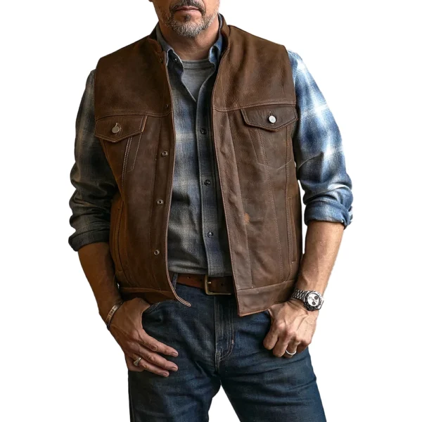 Men’s Western Leather Brown Vest - Image 11