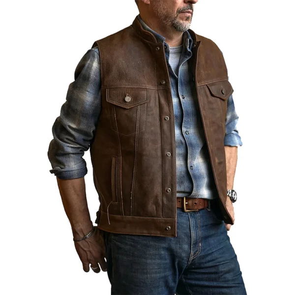 Men’s Western Leather Brown Vest - Image 10