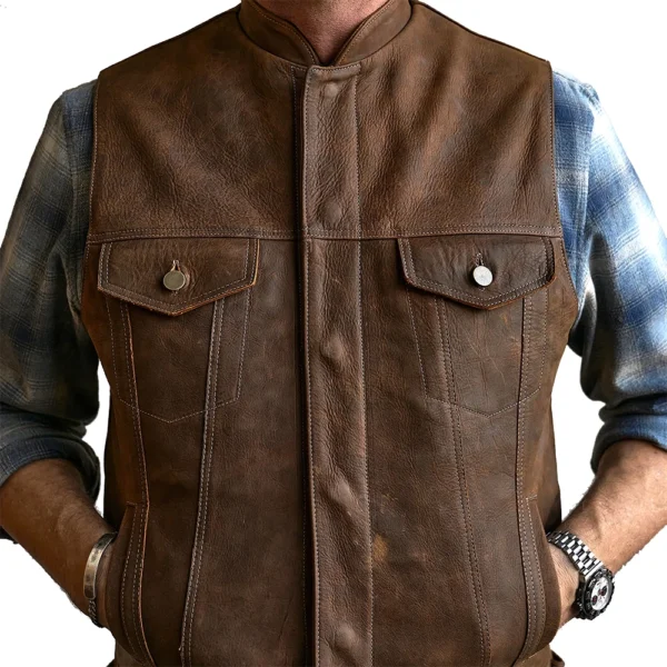 Men’s Western Leather Brown Vest - Image 8