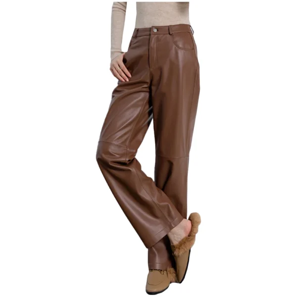 Vintage Style Leather Pants Women Brown - Image 3