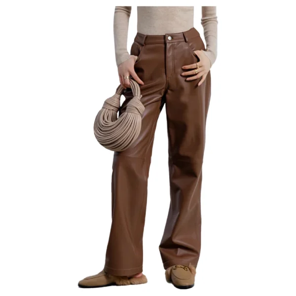 Vintage Style Leather Pants Women Brown - Image 2