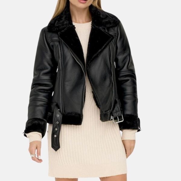 Agnes Asymmetrical Womens Black Shearling Leather Jacket - Image 5