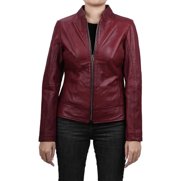 Womens Slim Fit Maroon Leather Jacket - Image 3