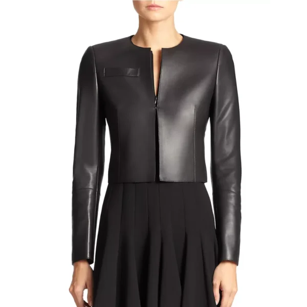 Margret Cropped Premium Black Leather Jacket - Image 2