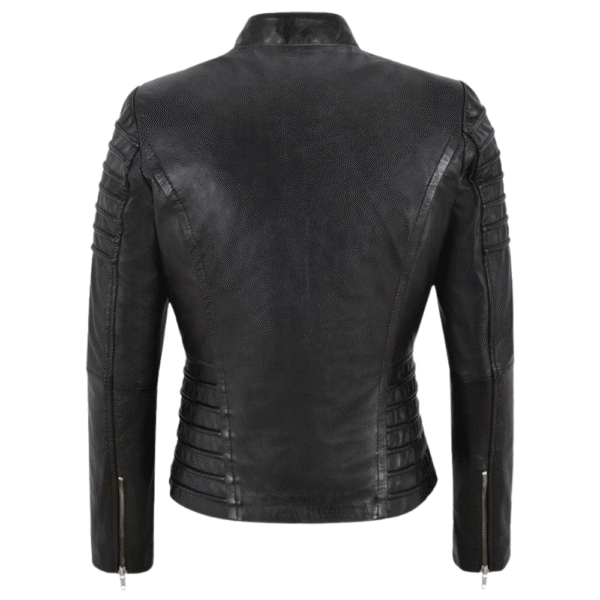 Women’s Black Leather Moto Slim Fit Jacket - Image 4