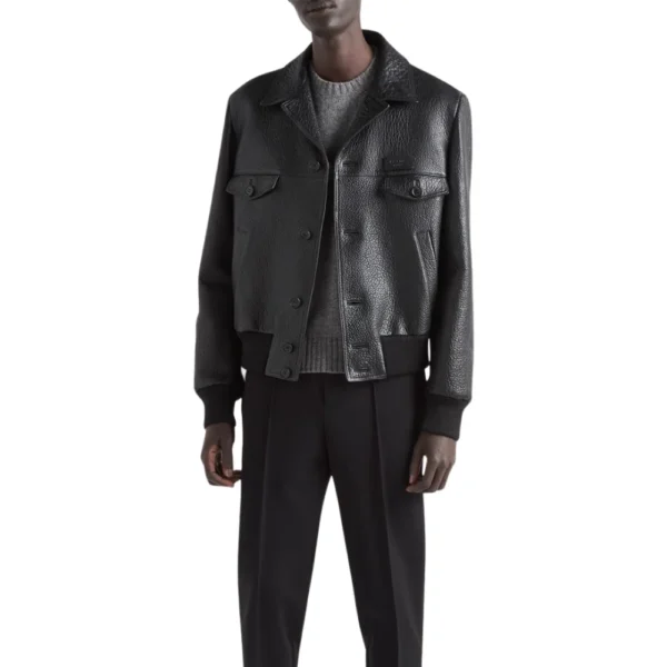 Black Textured Leather Trucker Jacket Womens - Image 2