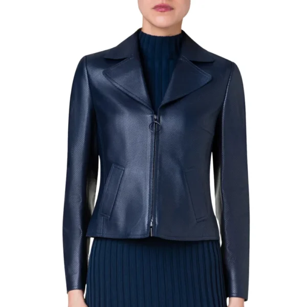 Falcon Womens Blue Biker Style Leather Jacket - Image 2