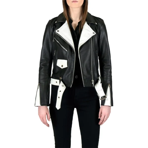 Black and White Biker Leather Jacket Women - Image 6