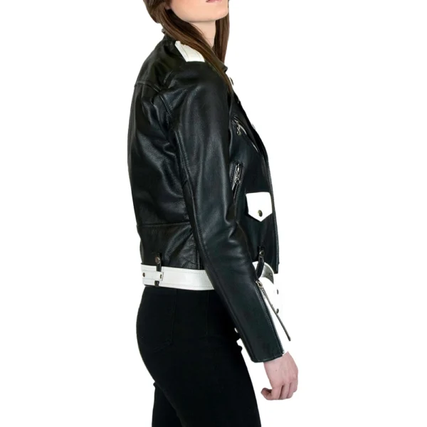 Black and White Biker Leather Jacket Women - Image 8