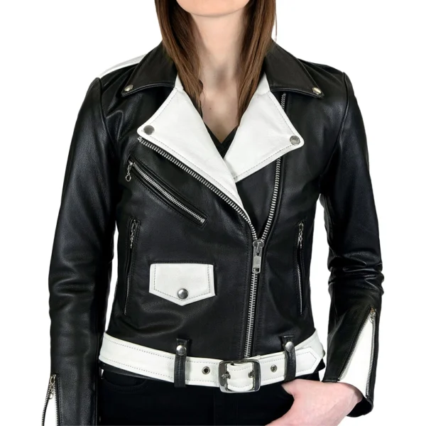 Black and White Biker Leather Jacket Women - Image 10