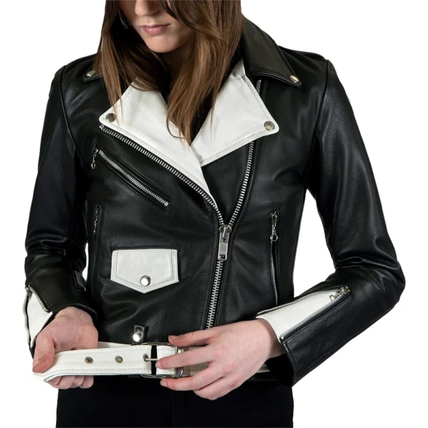 Black and White Biker Leather Jacket Women - Image 11