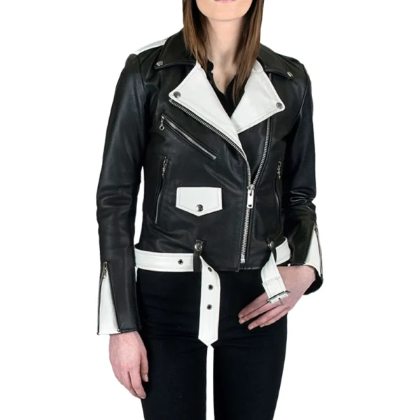 Black and White Biker Leather Jacket Women - Image 7