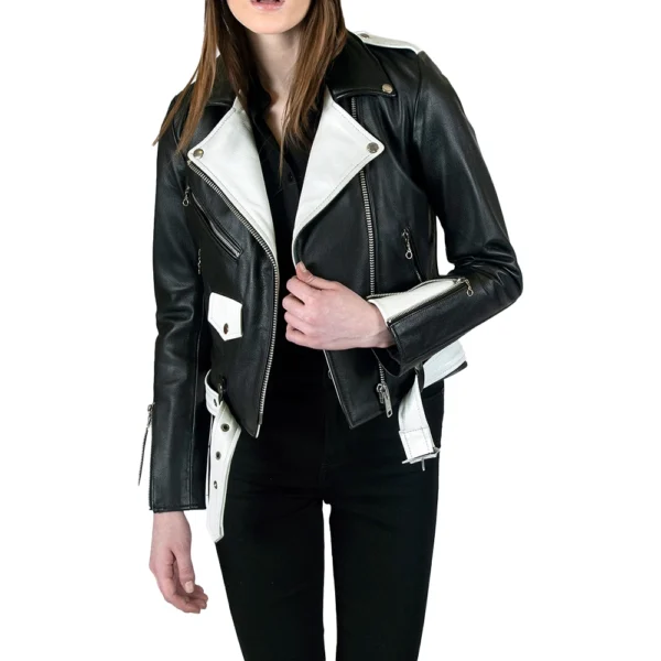 Black and White Biker Leather Jacket Women - Image 5
