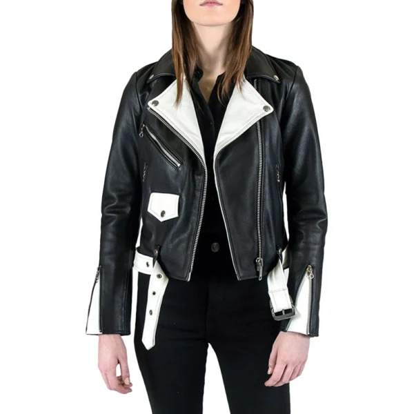 Black and White Biker Leather Jacket Women - Image 4