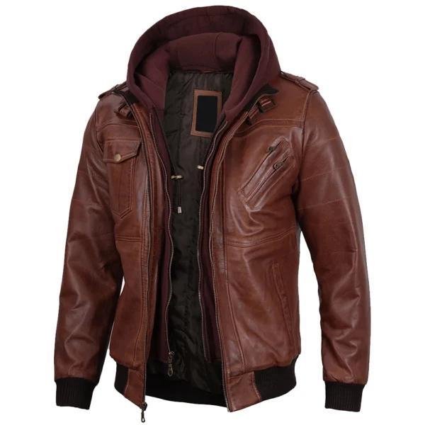 Mens Brown Real Leather Jacket with Detachable Hood - Image 2