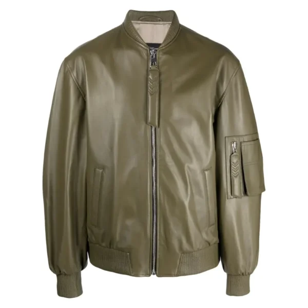 Khaki Green Mens Jacket Leather Bomber