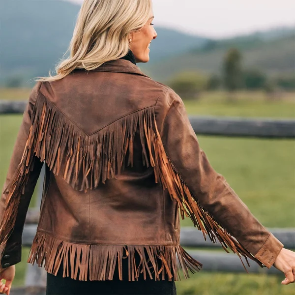 Women’s Brown Fringe Leather Jacket - Image 5