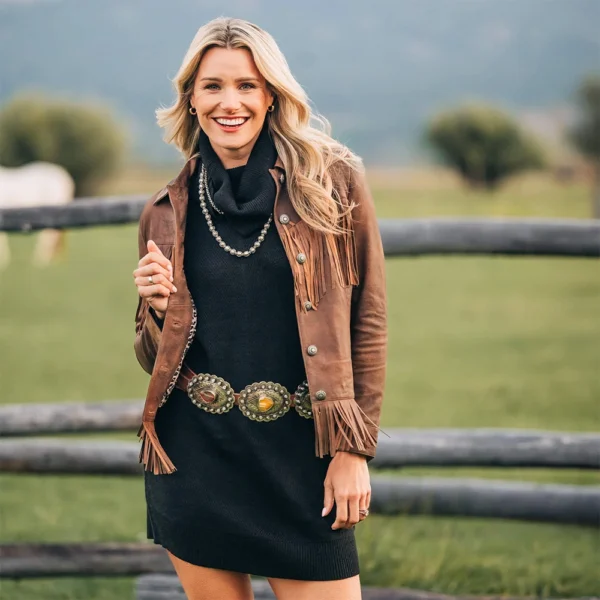 Women’s Brown Fringe Leather Jacket - Image 4
