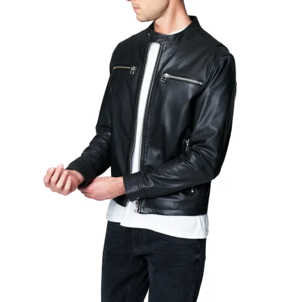 Mark Black Cafe Racer Leather Jacket - Image 3