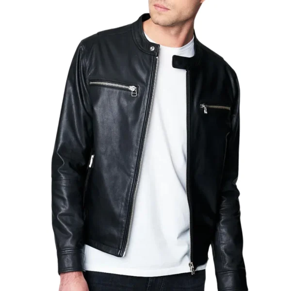 Mark Black Cafe Racer Leather Jacket - Image 2