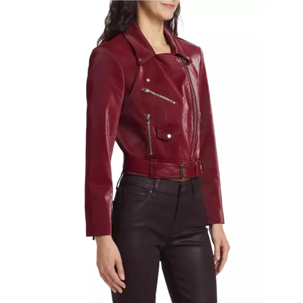 Natasha Maroon Biker Leather Jacket - Image 3