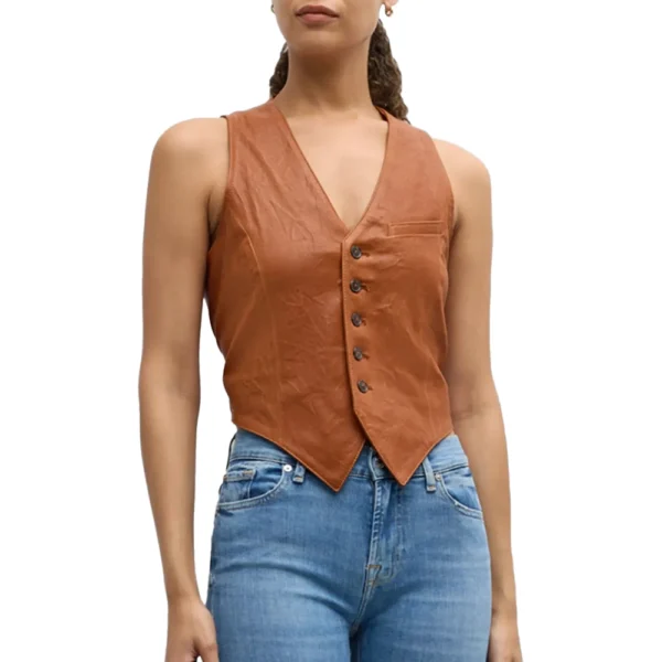 Women’s Brown Cropped Leather Vest - Image 2