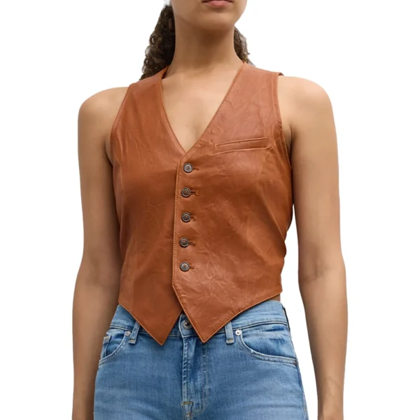 Women’s Brown Cropped Leather Vest - Image 6