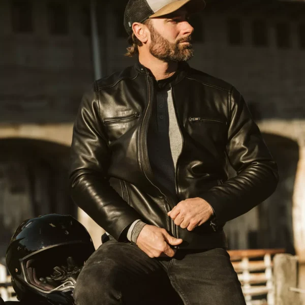 Mens Black Leather Racer Jacket - Image 2