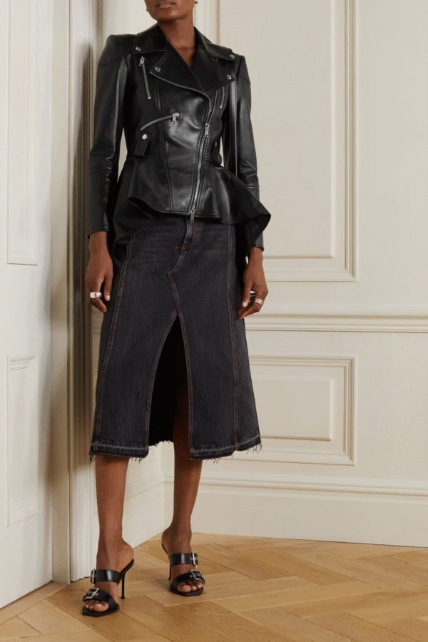 Womens Black Leather Peplum Jacket - Image 3