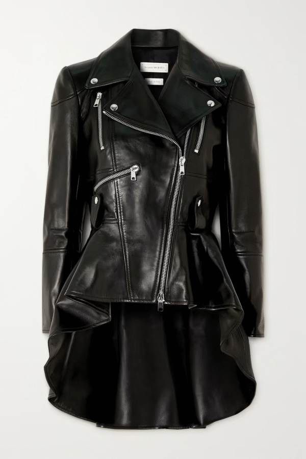 Womens Black Leather Peplum Jacket - Image 4