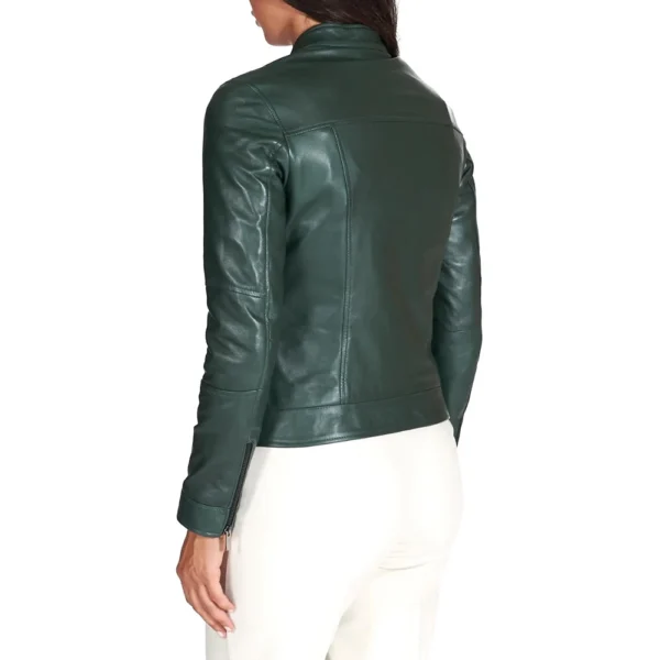 Women’s Dark Green Biker Leather Jacket - Image 3