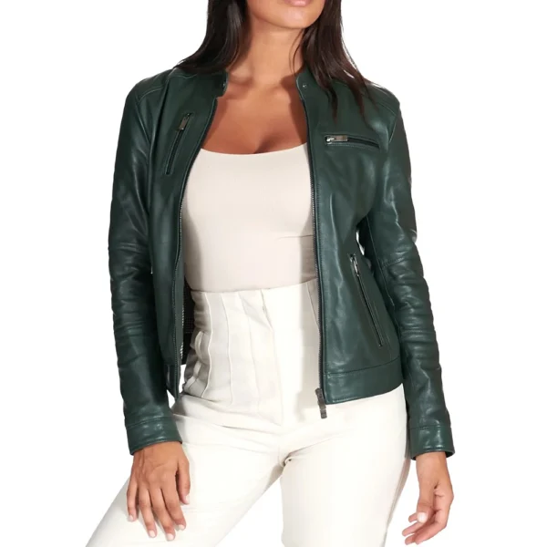 Women’s Dark Green Biker Leather Jacket - Image 4