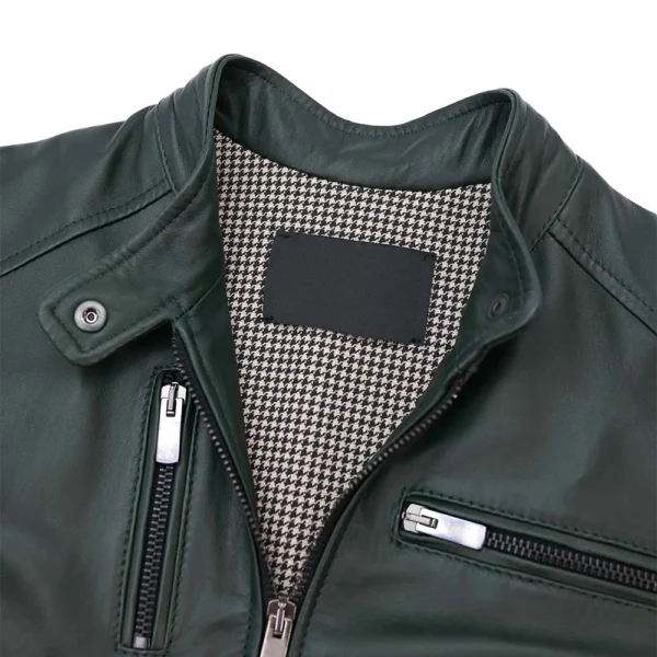 Women’s Dark Green Biker Leather Jacket - Image 7