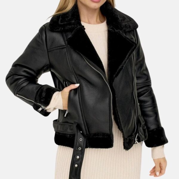 Agnes Asymmetrical Womens Black Shearling Leather Jacket - Image 6