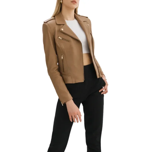 Womens Asymmetrical Beige Leather Jacket - Image 3