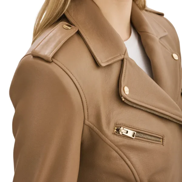 Womens Asymmetrical Beige Leather Jacket - Image 4
