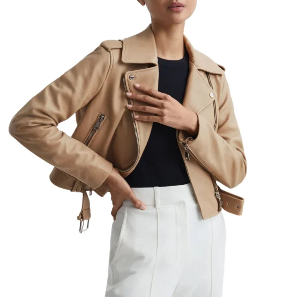 Nancy Beige Leather Biker Jacket - Image 3