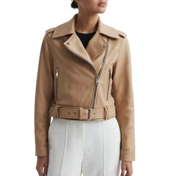 Nancy Beige Leather Biker Jacket - Image 5