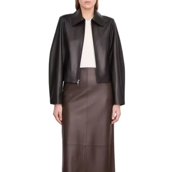 Womens Black Leather Jacket With Shirt Collar - Image 2