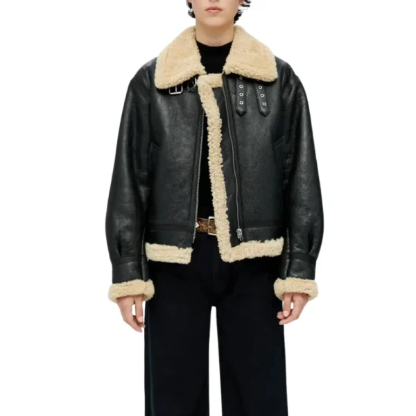 Womens Black Aviator Shearling Leather Jacket - Image 2