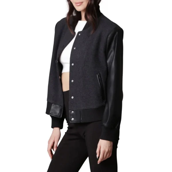Womens Black Letterman Varsity Jacket With Leather Sleeves - Image 3