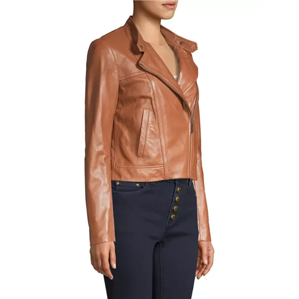 Katherine Brown Leather Moto Cropped Jacket - Image 3