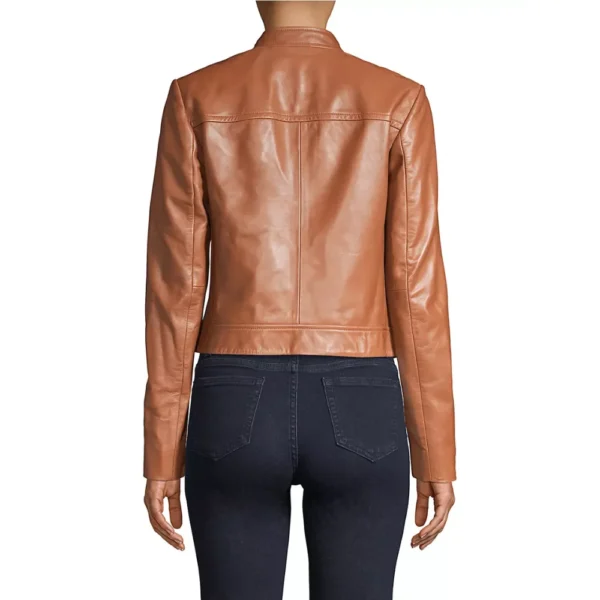 Katherine Brown Leather Moto Cropped Jacket - Image 4
