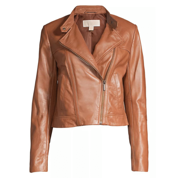 Katherine Brown Leather Moto Cropped Jacket